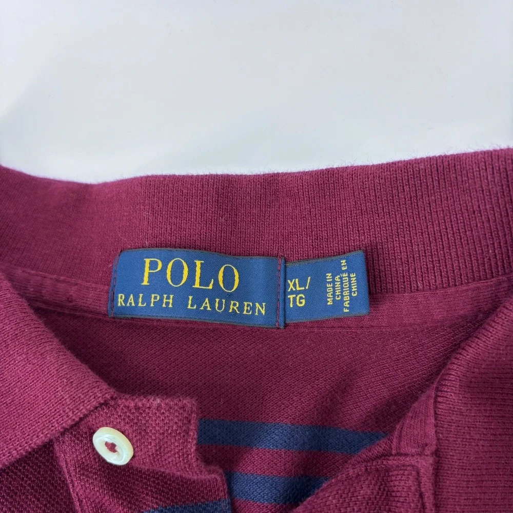 Polo Ralph Lauren Polo Shirt Mens XL Burgundy Navy Blue Striped Pique Pony Logo